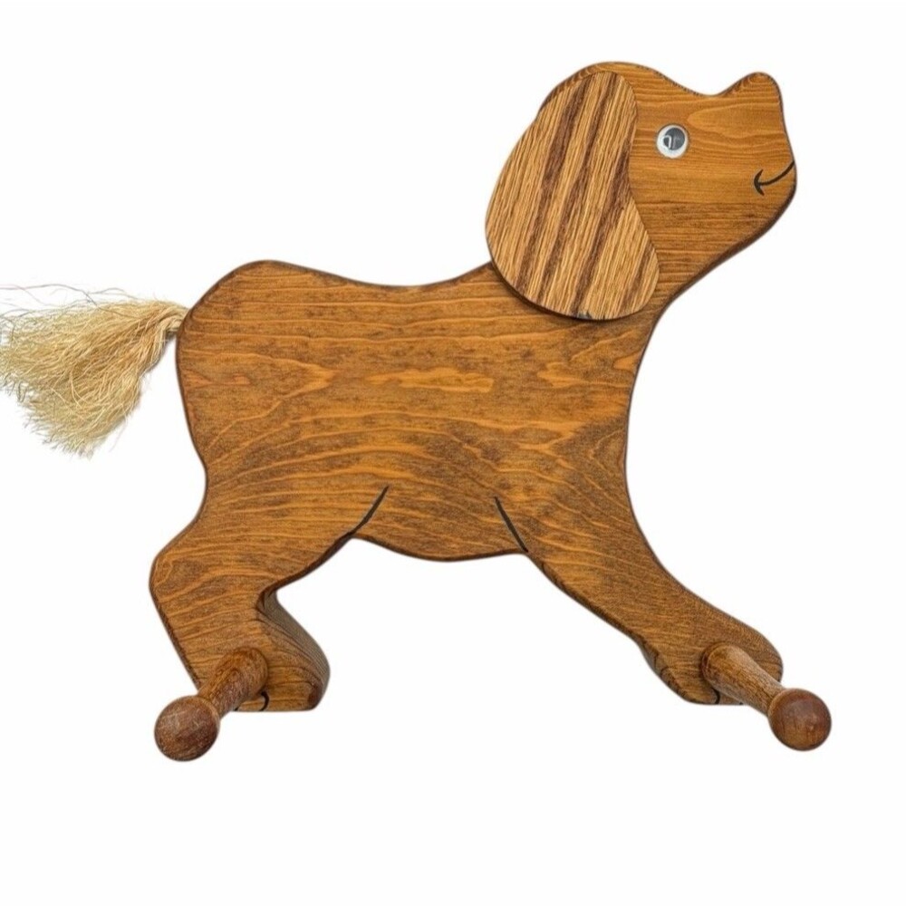 Vintage Handcrafted Carved Wood Puppy Dog Peg Wall Hooks Leash Hanger Coat Hat